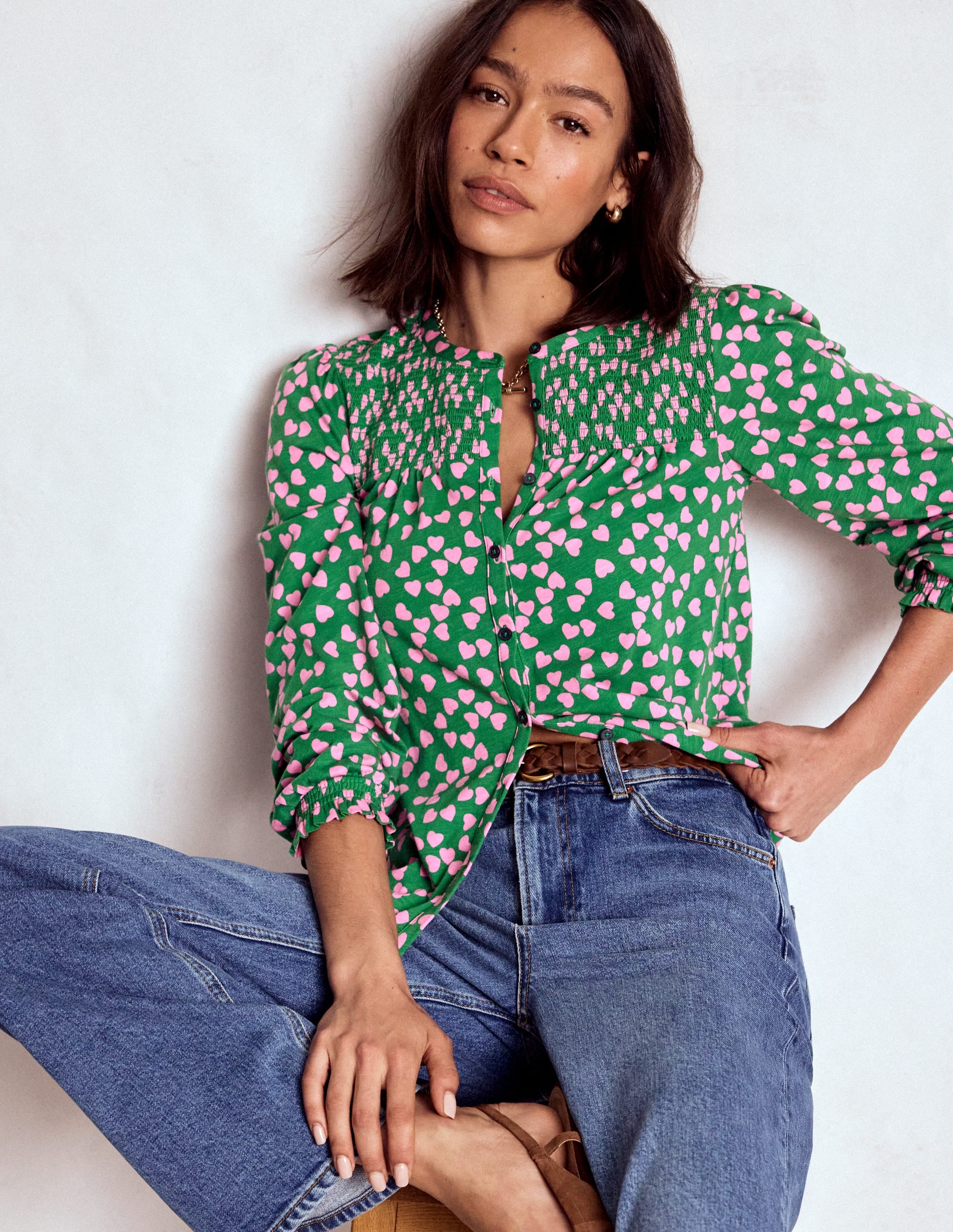 Elsa Smocked Yoke Jersey Shirt-Highland Green, Heart Cascade - Image 1