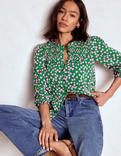 Elsa Smocked Yoke Jersey Shirt-Highland Green, Heart Cascade-1
