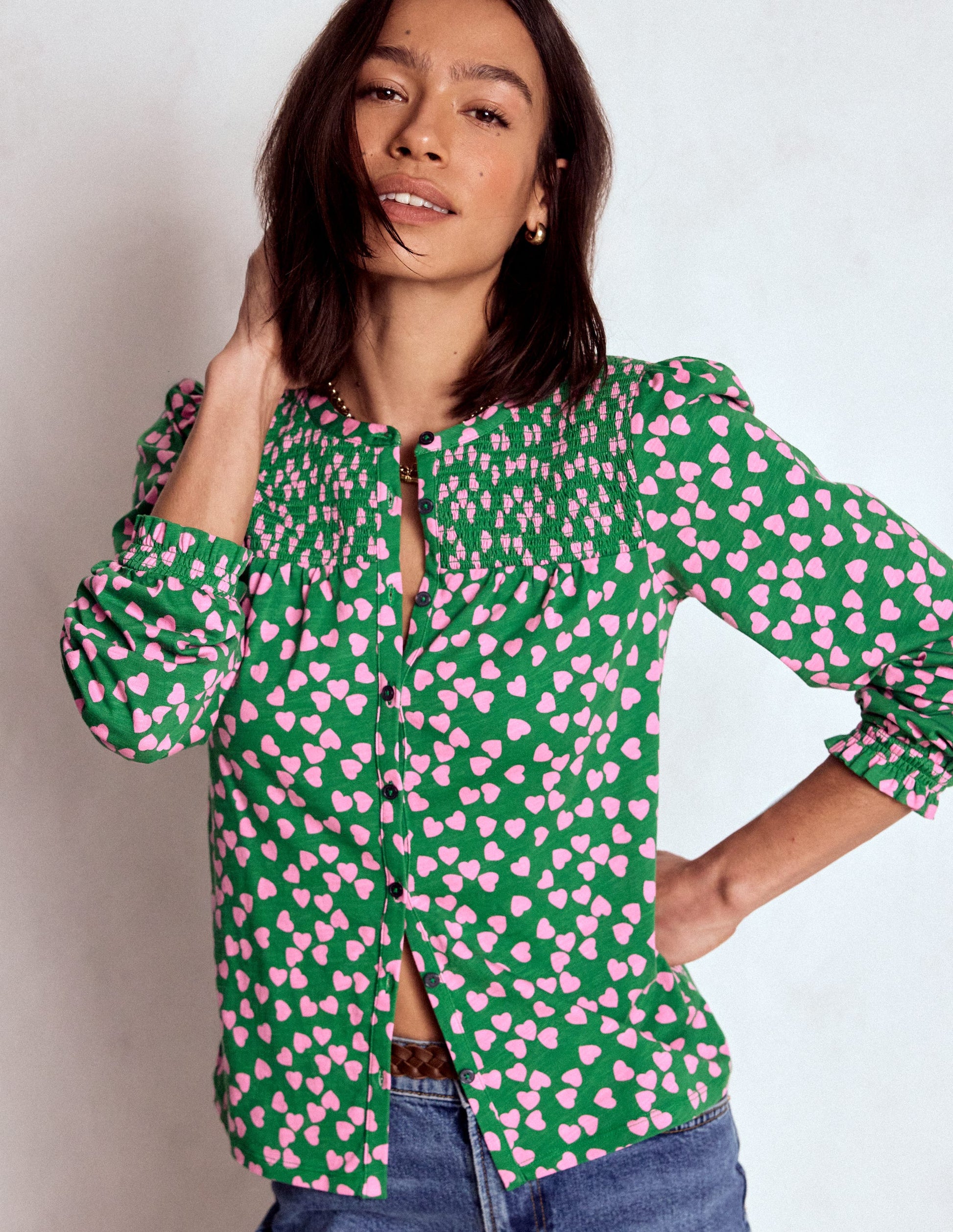 Elsa Smocked Yoke Jersey Shirt-Highland Green, Heart Cascade-4