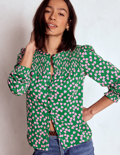 Elsa Smocked Yoke Jersey Shirt-Highland Green, Heart Cascade-4