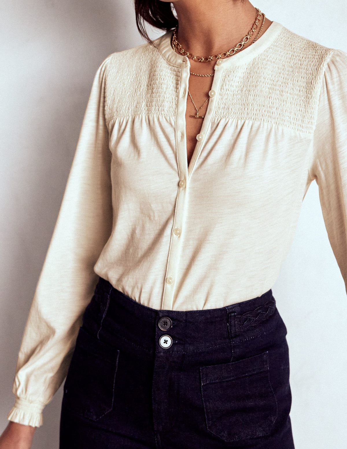 Elsa Smocked Yoke Jersey Shirt-Ivory - Image 2
