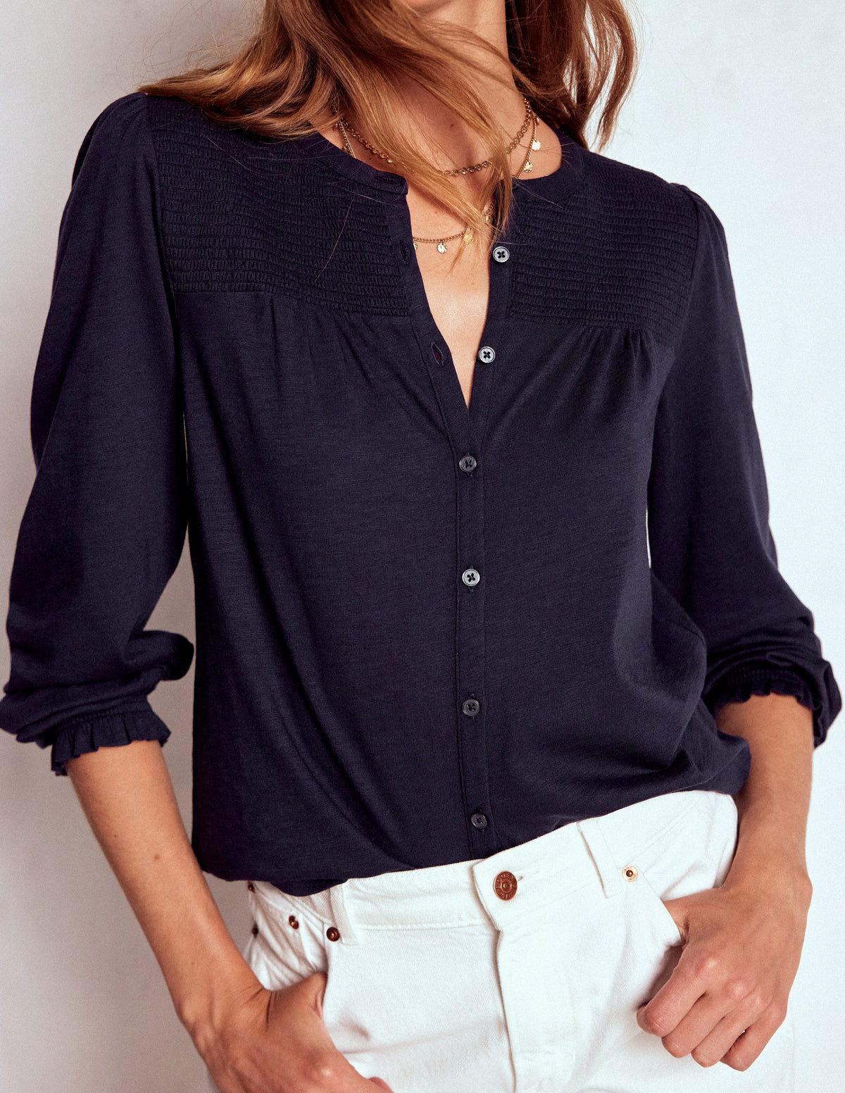 Elsa Smocked Yoke Jersey Shirt-Navy - Image 4