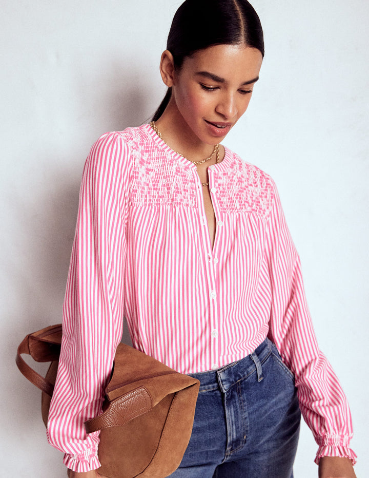 Elsa Smocked Yoke Jersey Shirt-Pink Ribbon Stripe