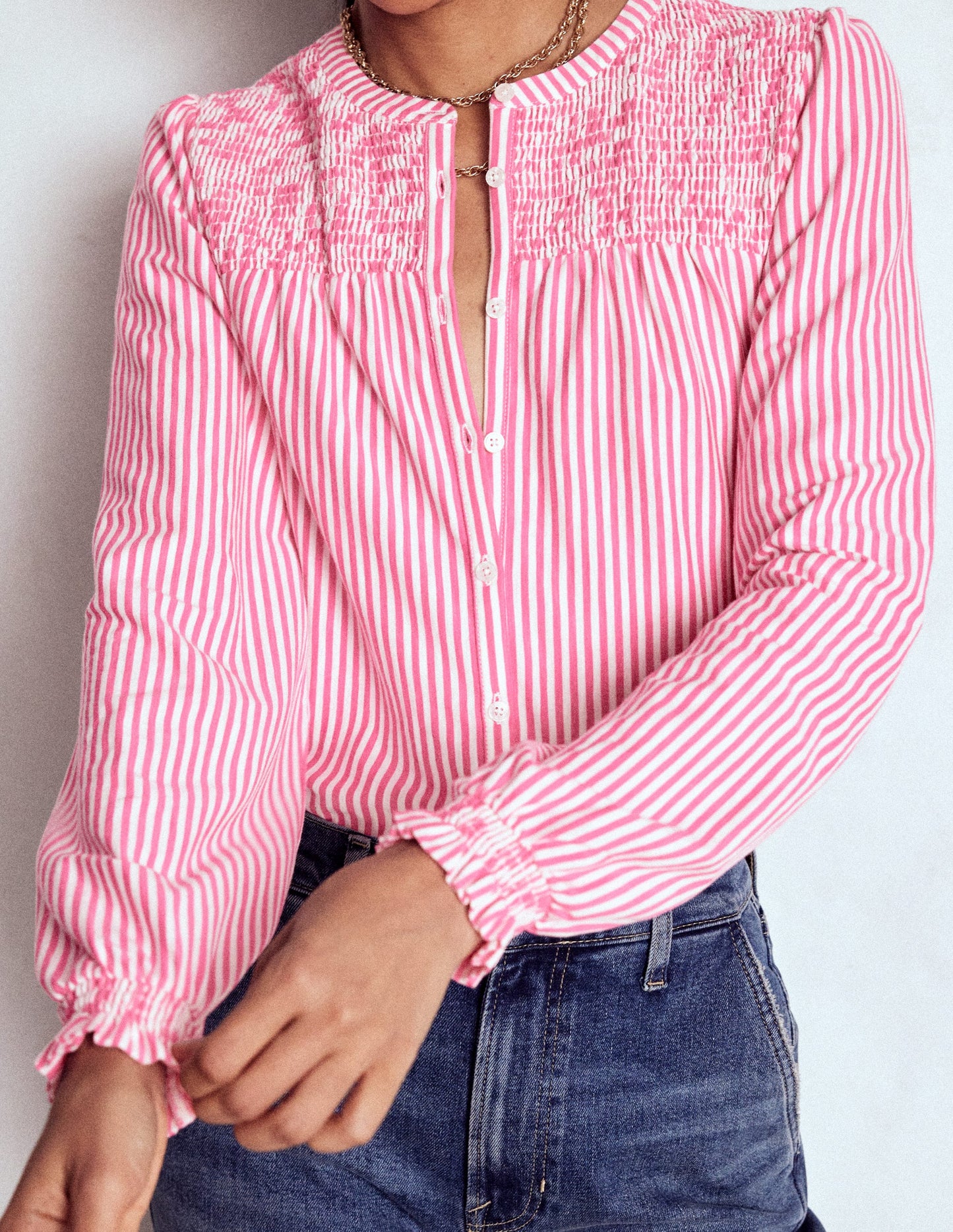 Elsa Smocked Yoke Jersey Shirt-Pink Ribbon Stripe