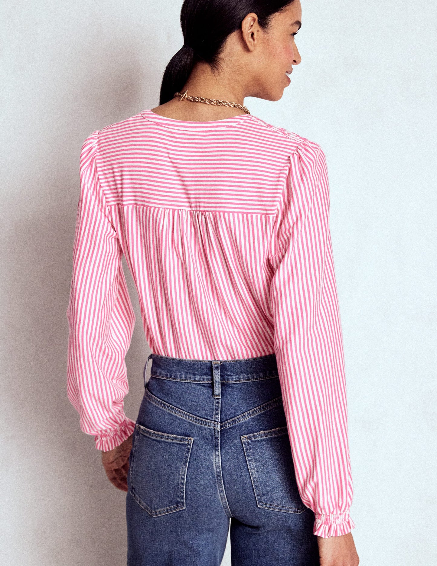 Elsa Smocked Yoke Jersey Shirt-Pink Ribbon Stripe