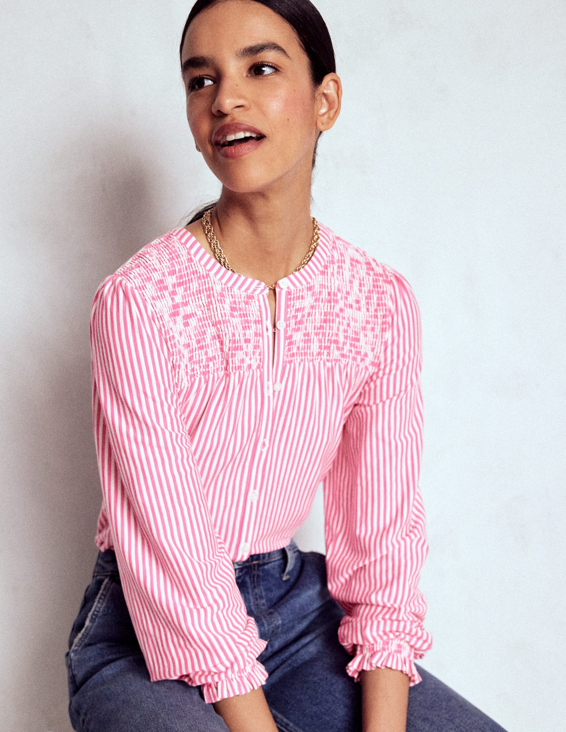 Elsa Smocked Yoke Jersey Shirt-Pink Ribbon Stripe-4