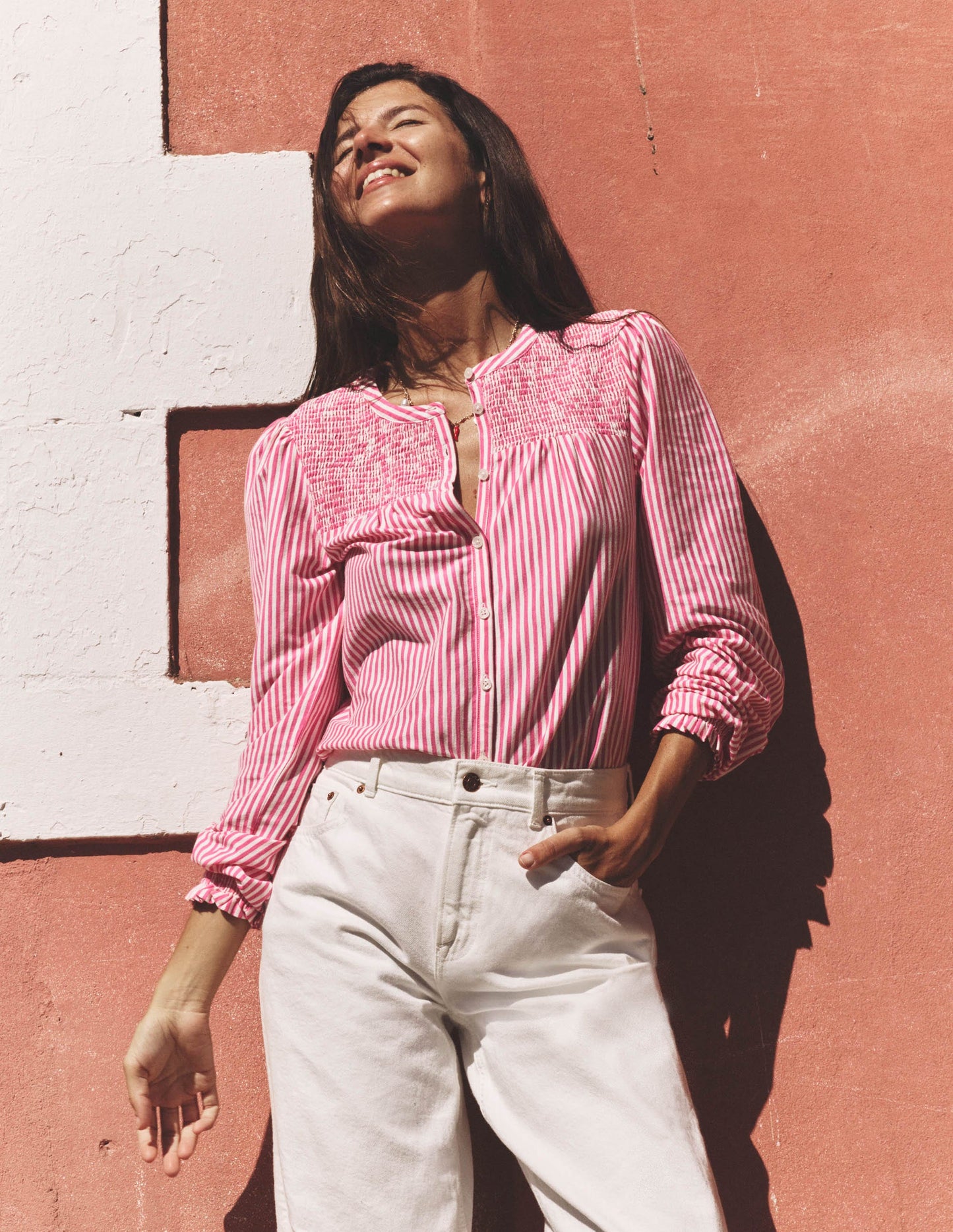 Elsa Smocked Yoke Jersey Shirt-Pink Ribbon Stripe