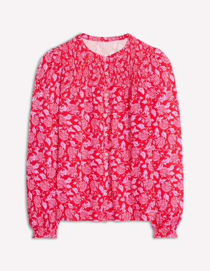 Elsa Smocked Yoke Jersey Shirt-Poppy Red, Ornate Vine-5