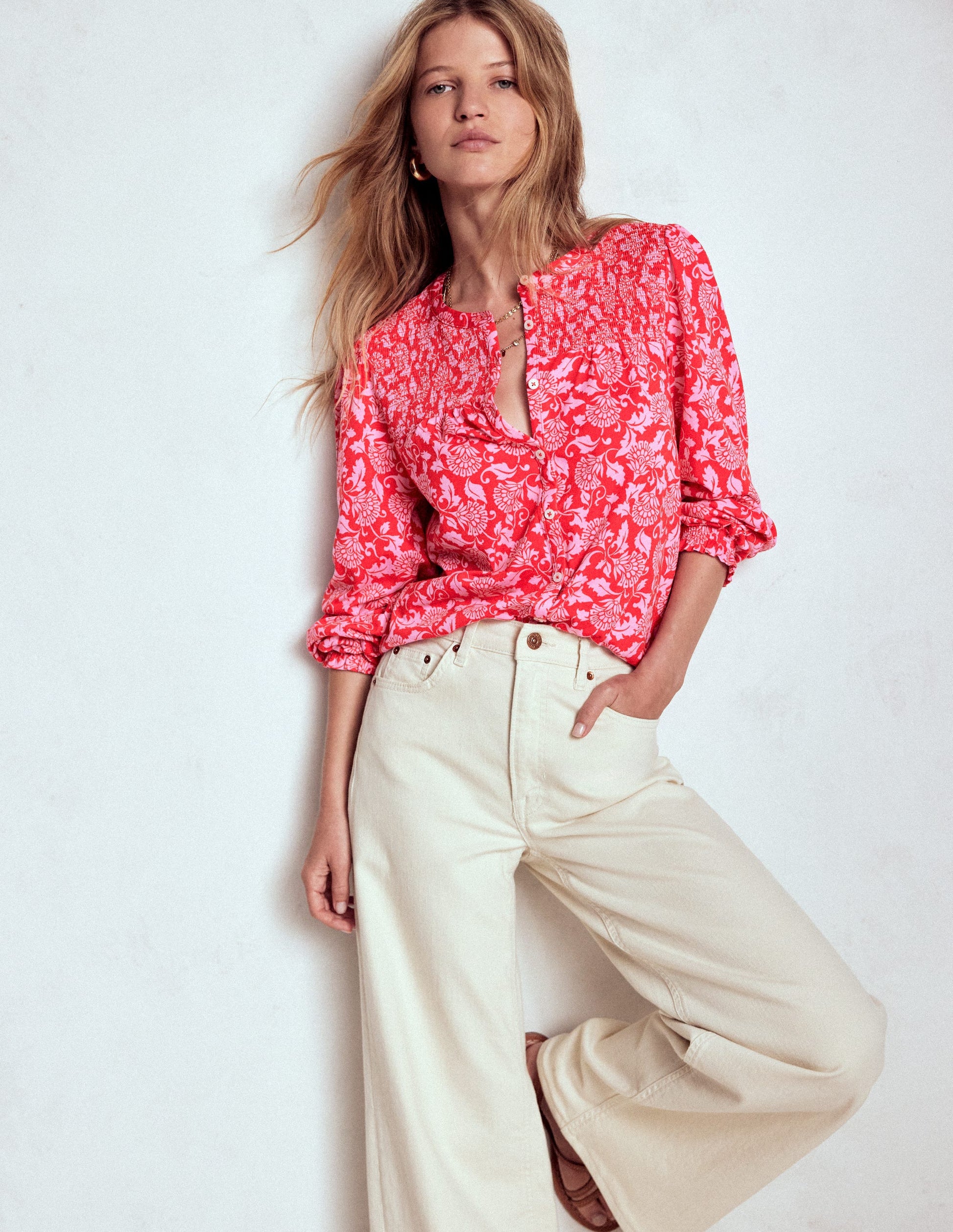 Elsa Smocked Yoke Jersey Shirt-Poppy Red, Ornate Vine-1