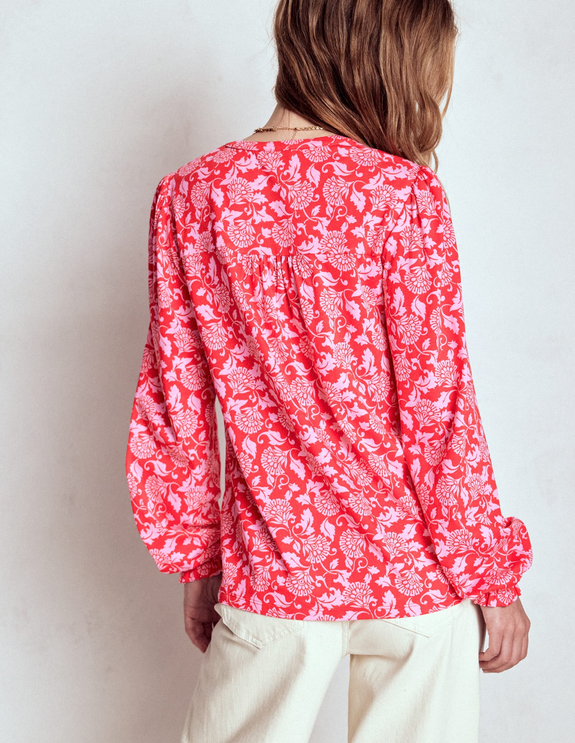 Elsa Smocked Yoke Jersey Shirt-Poppy Red, Ornate Vine - Image 3