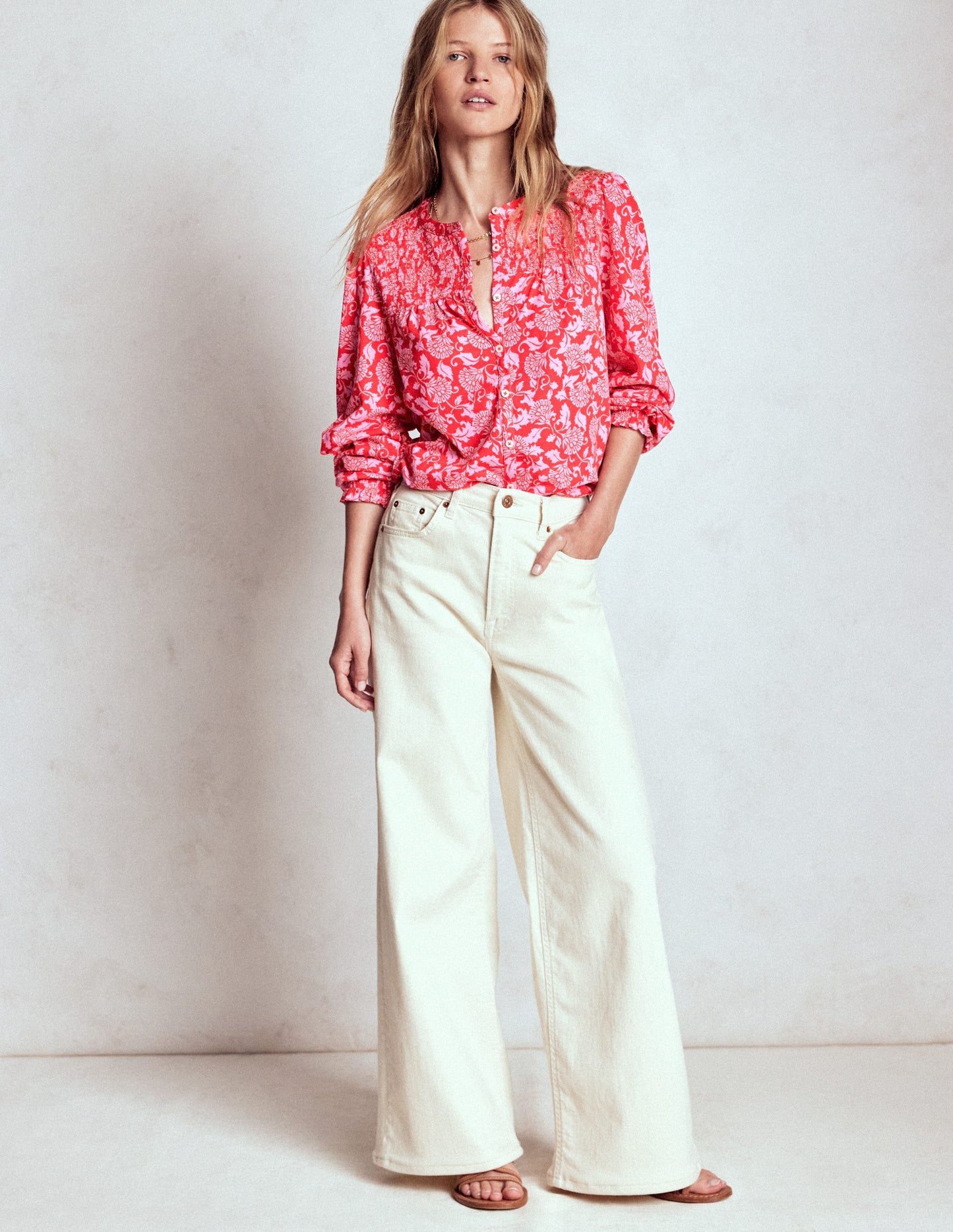 Elsa Smocked Yoke Jersey Shirt-Poppy Red, Ornate Vine