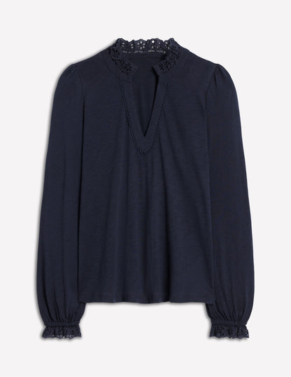 Aria Broderie Notch Neck Top-Navy-5