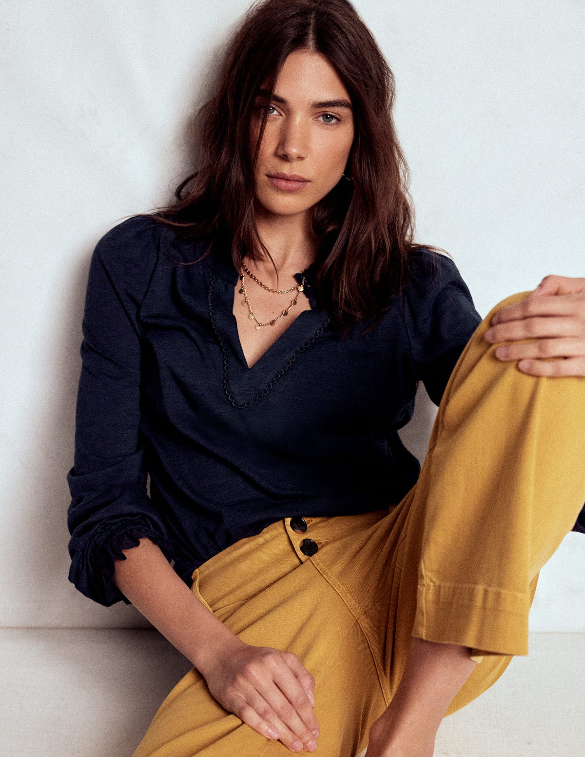 Aria Broderie Notch Neck Top-Navy - Image 1