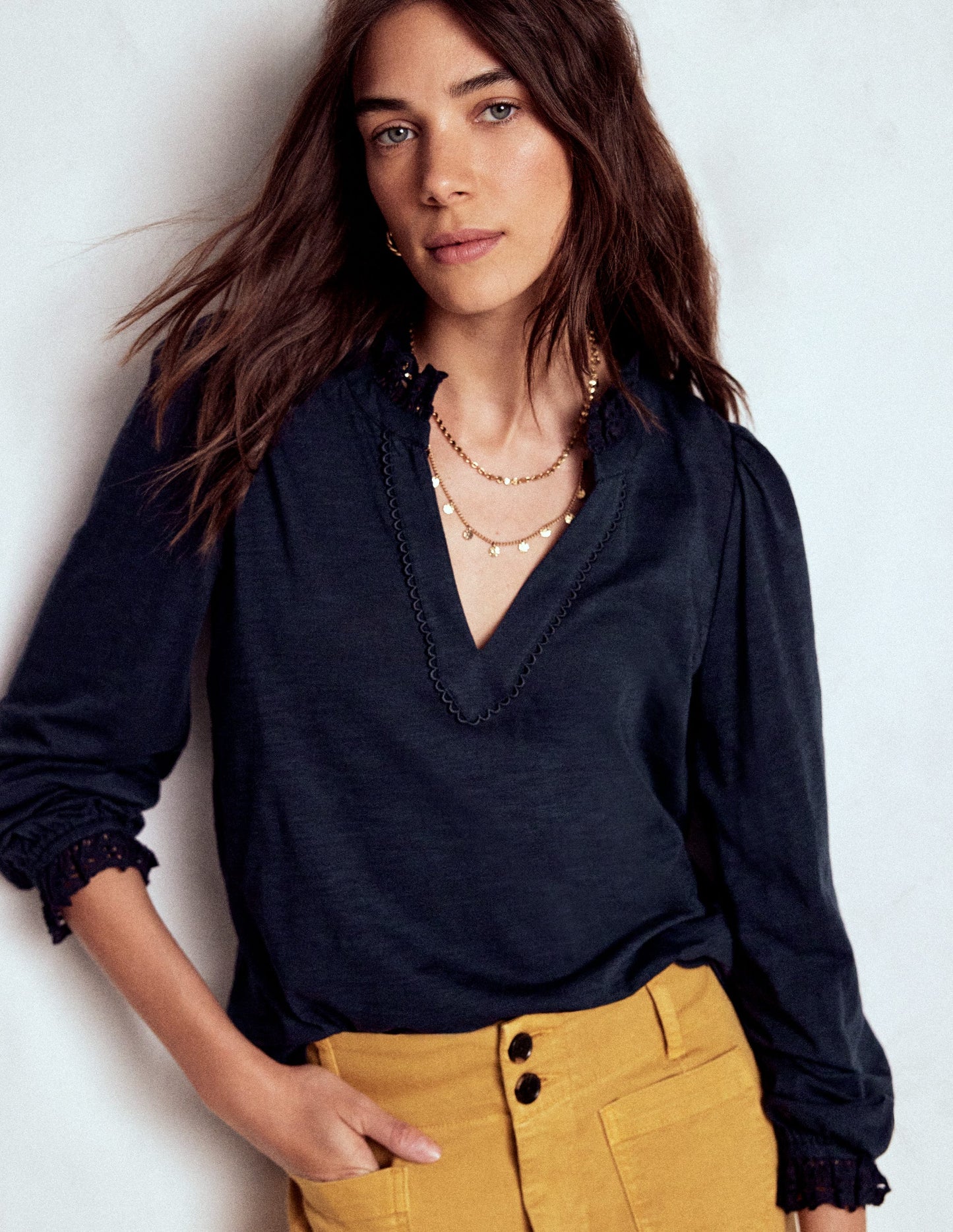 Aria Broderie Notch Neck Top-Navy