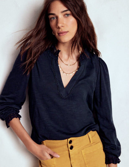 Aria Broderie Notch Neck Top-Navy-4