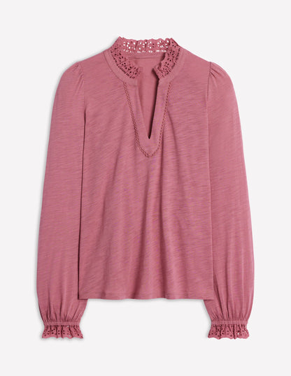 Aria Broderie Notch Neck Top-Pink Heather-5
