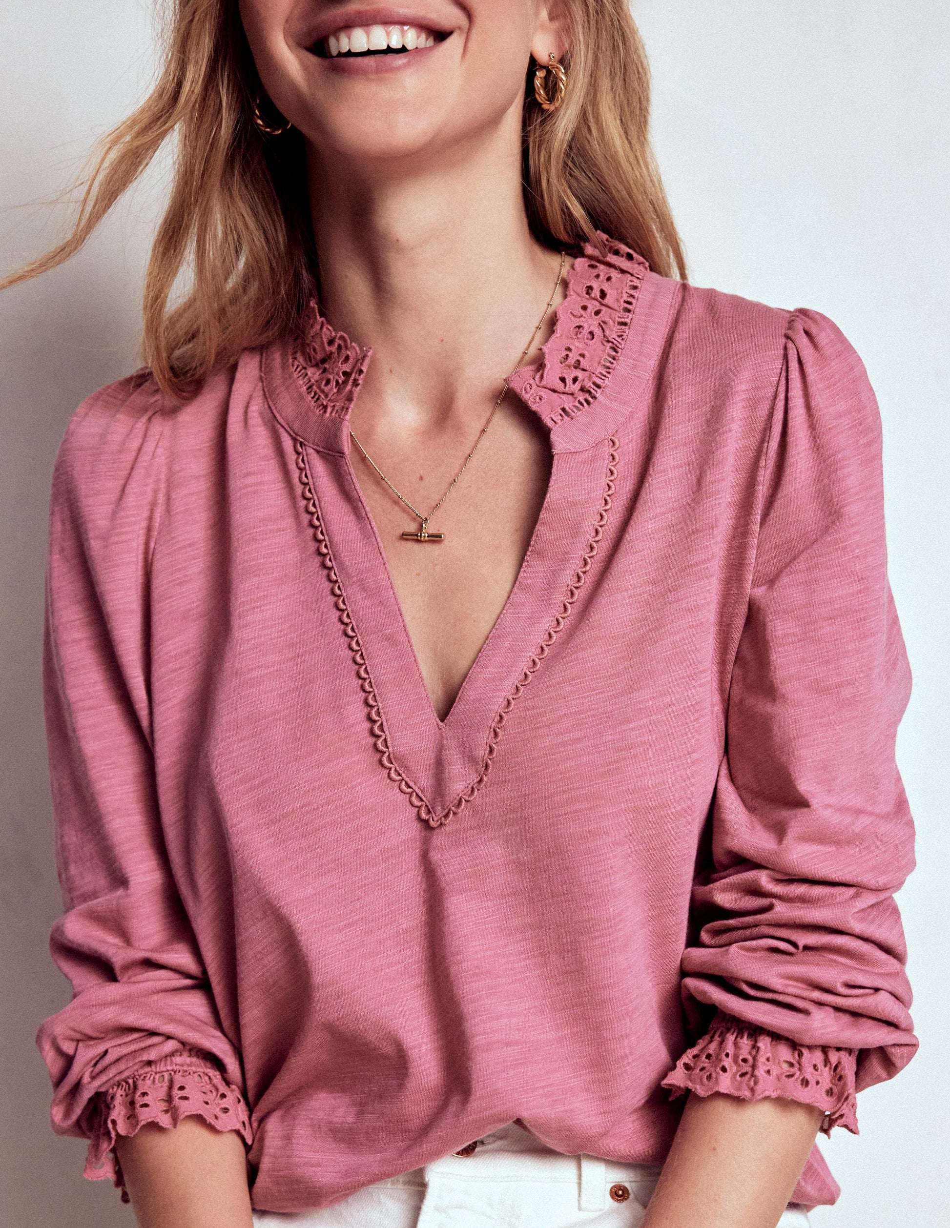 Aria Broderie Notch Neck Top-Pink Heather-2