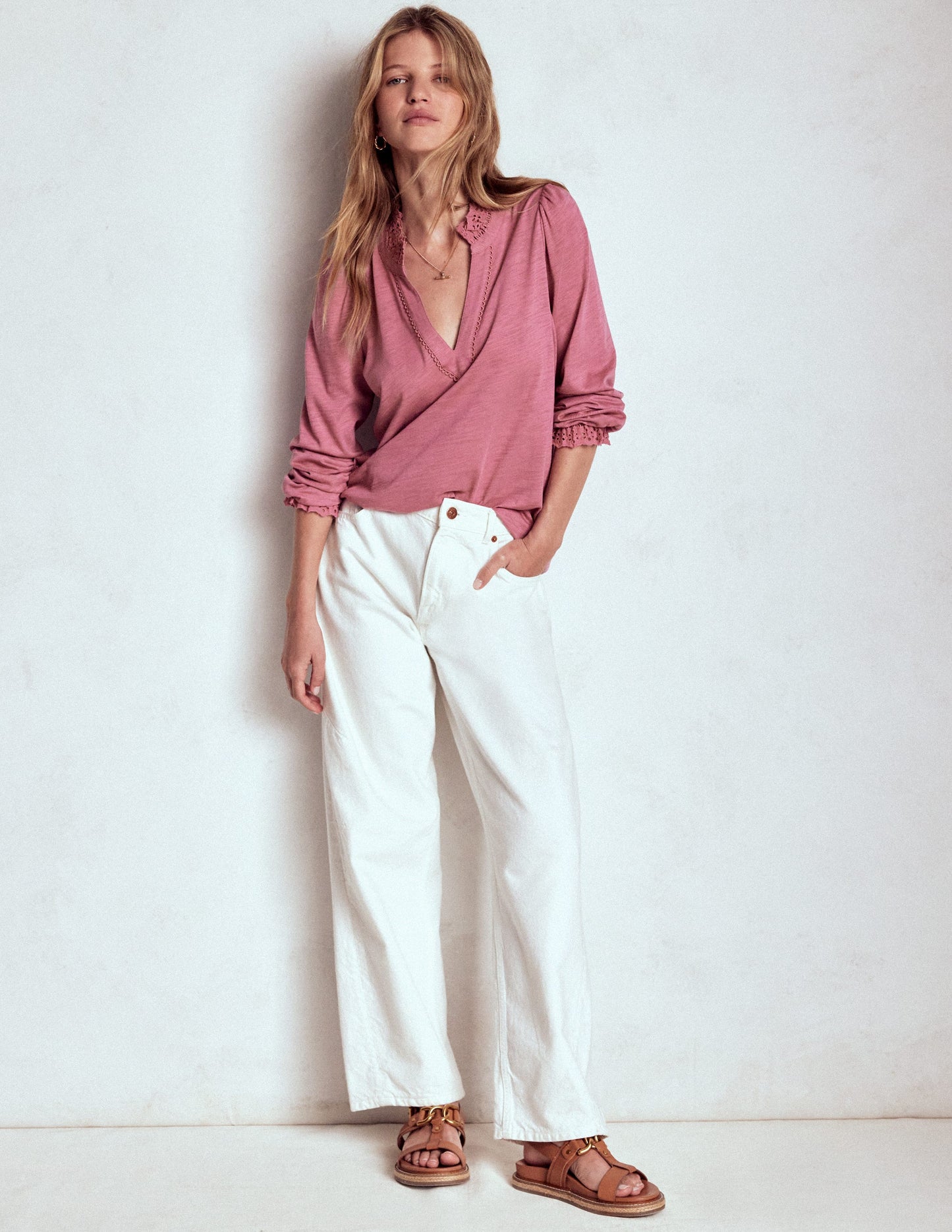 Aria Broderie Notch Neck Top-Pink Heather