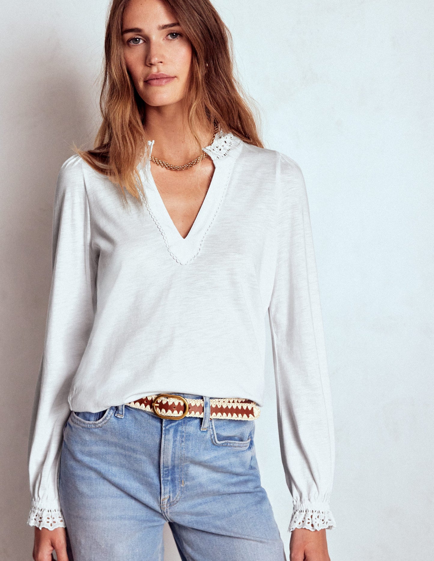 Aria Broderie Notch Neck Top-White