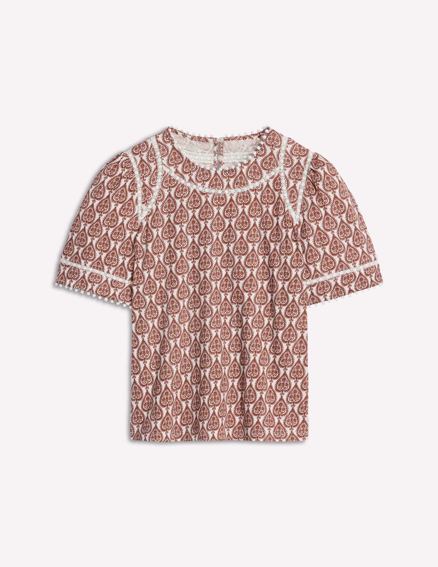 Mila Lace Trim Top-Ivory and Cognac, Ornate Geo