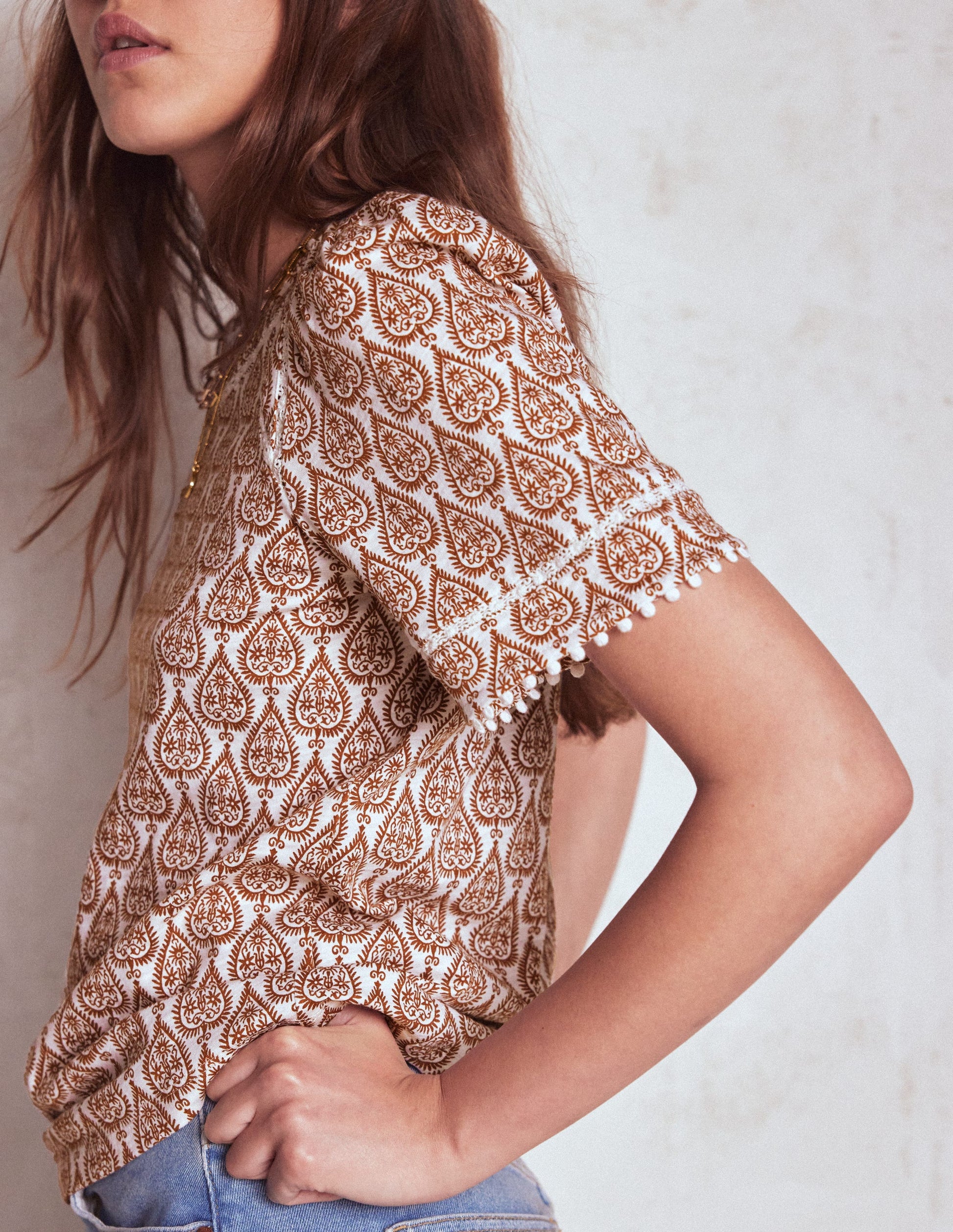 Mila Lace Trim Top-Ivory and Cognac, Ornate Geo-2