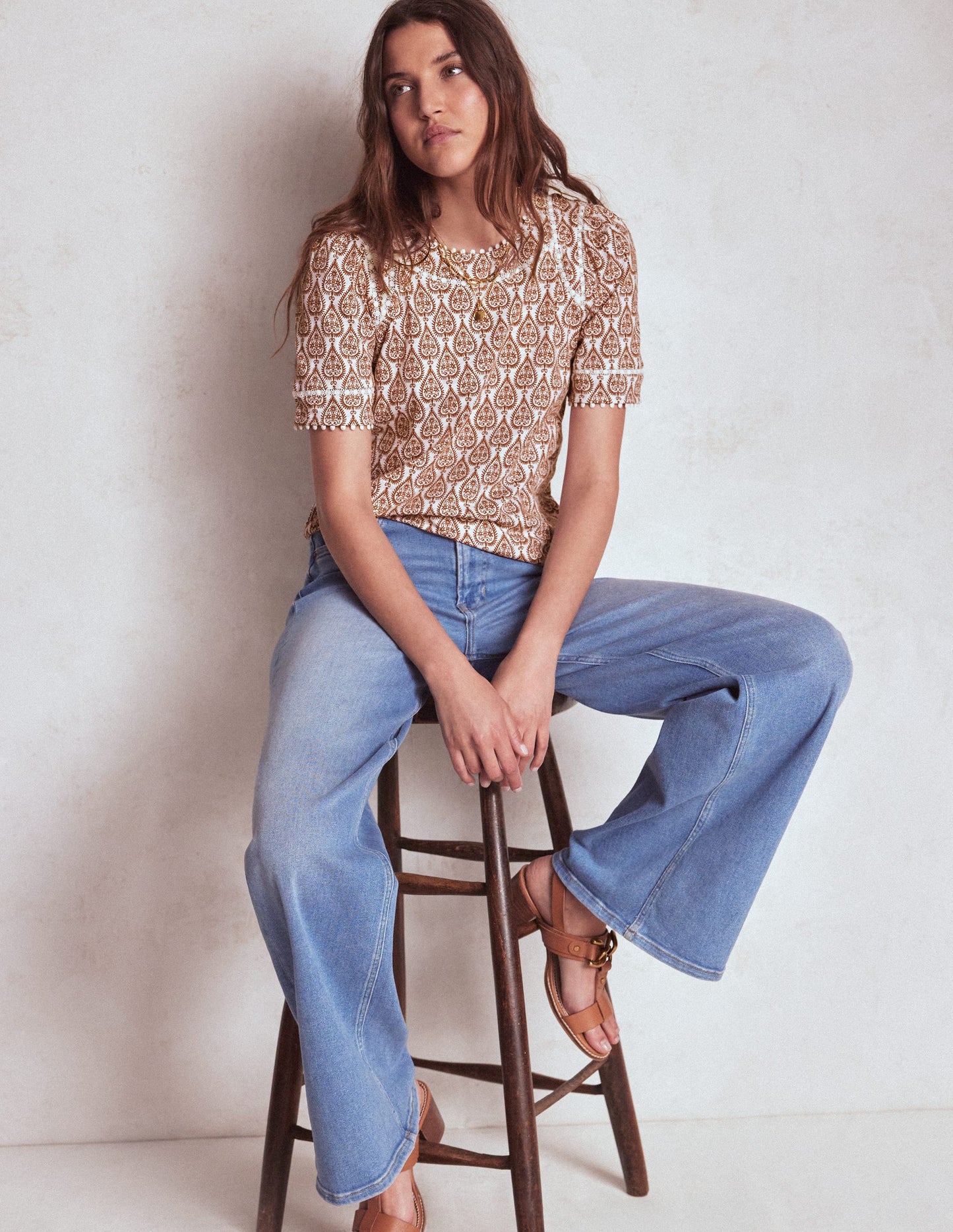 Mila Lace Trim Top-Ivory and Cognac, Ornate Geo