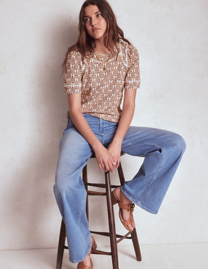 Mila Lace Trim Top-Ivory and Cognac, Ornate Geo-3