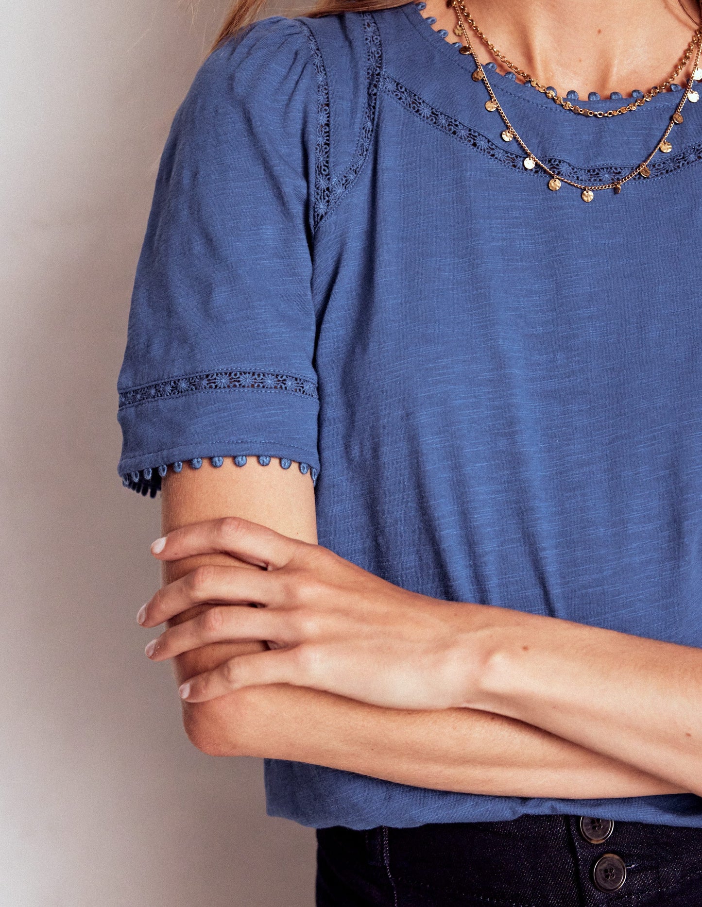 Mila Lace Trim Top-Denim Blue