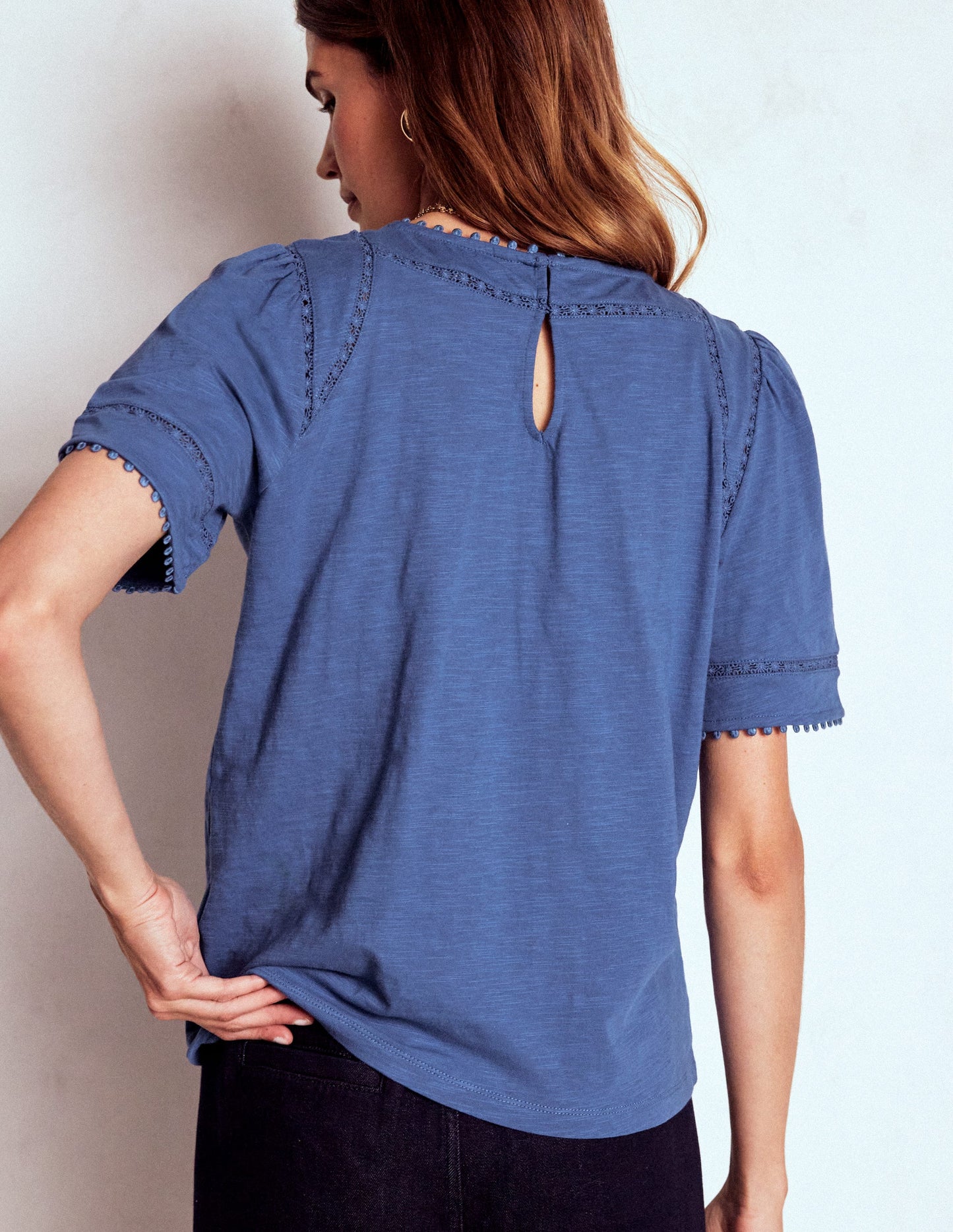 Mila Lace Trim Top-Denim Blue