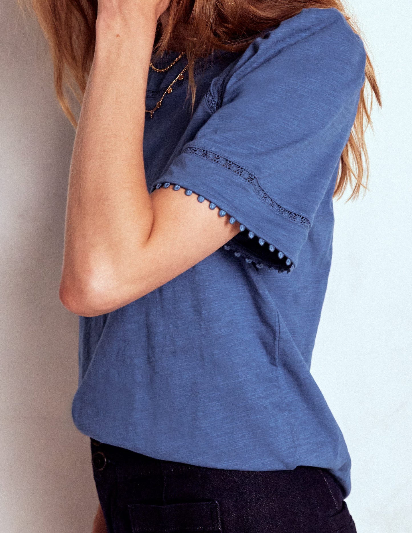 Mila Lace Trim Top-Denim Blue