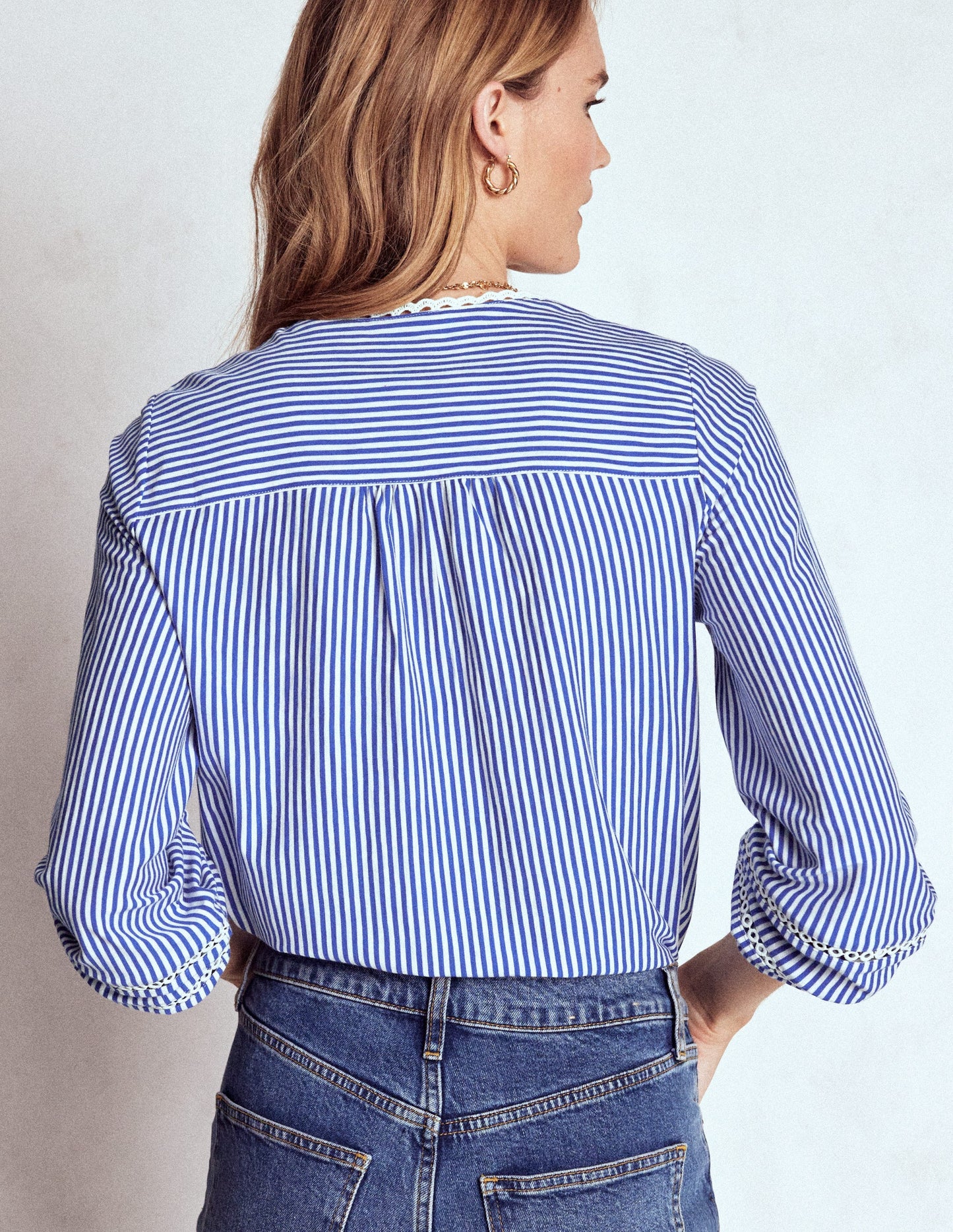 Trim Detail Jersey Shirt-Bright Blue, Ivory Stripe