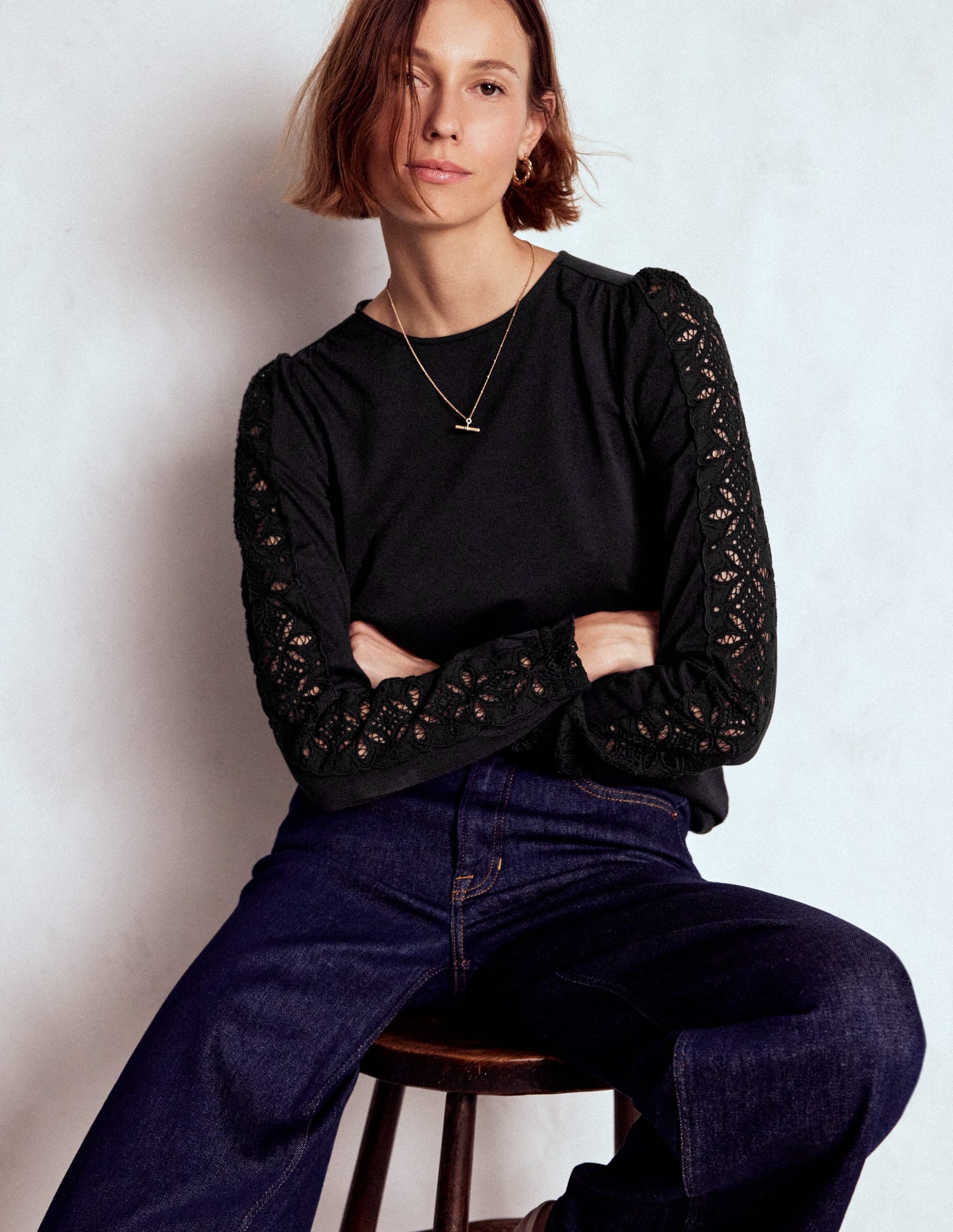 Scarlett Broderie Trim Top-Black