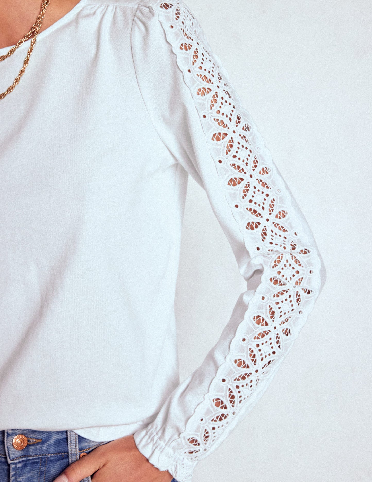 Scarlett Broderie Trim Top-White