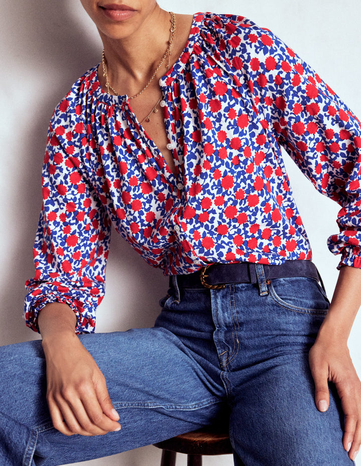 Isla Long Sleeve Jersey Shirt-Poppy Red, Floweret Vine