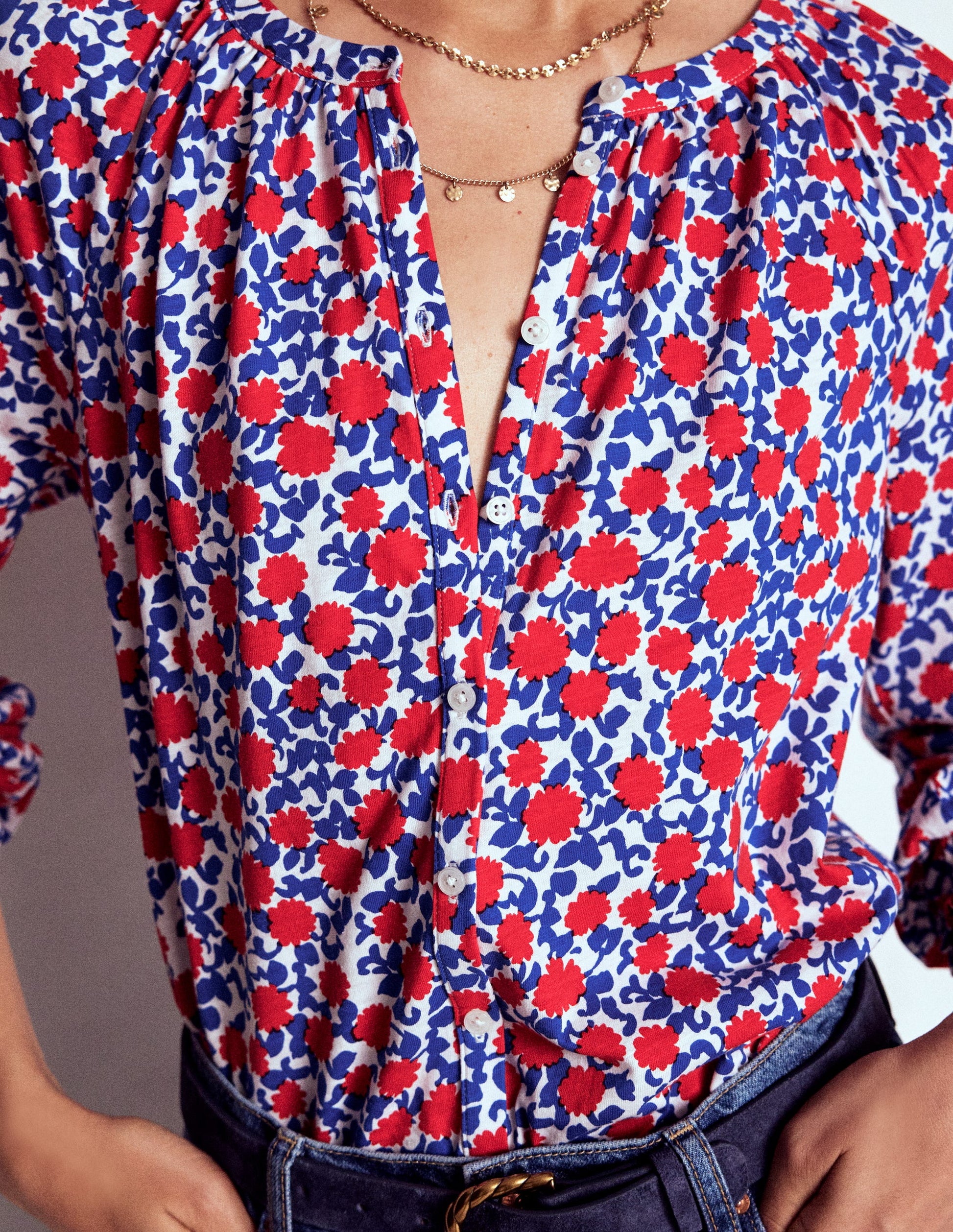 Isla Long Sleeve Jersey Shirt-Poppy Red, Floweret Vine-2