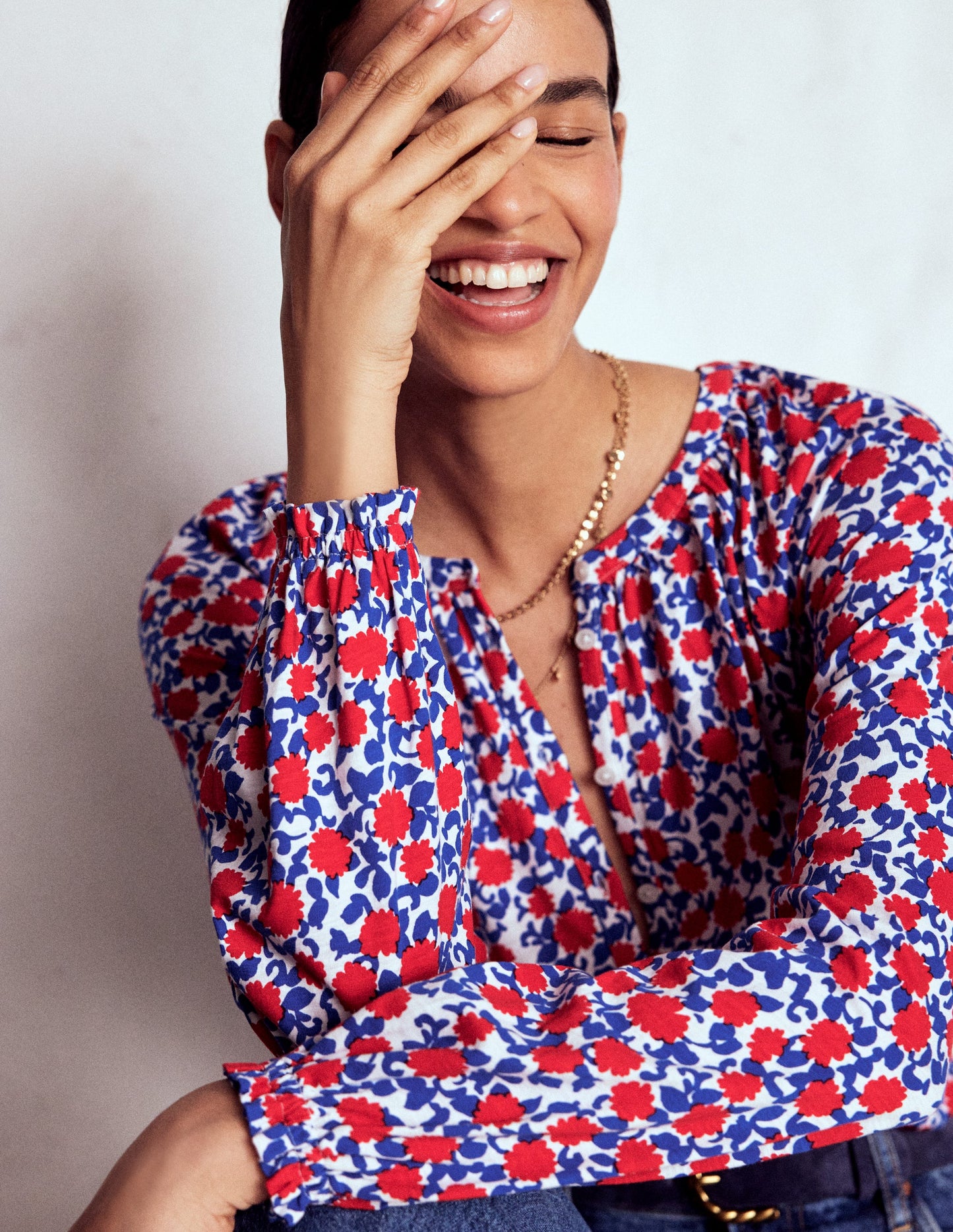 Isla Long Sleeve Jersey Shirt-Poppy Red, Floweret Vine