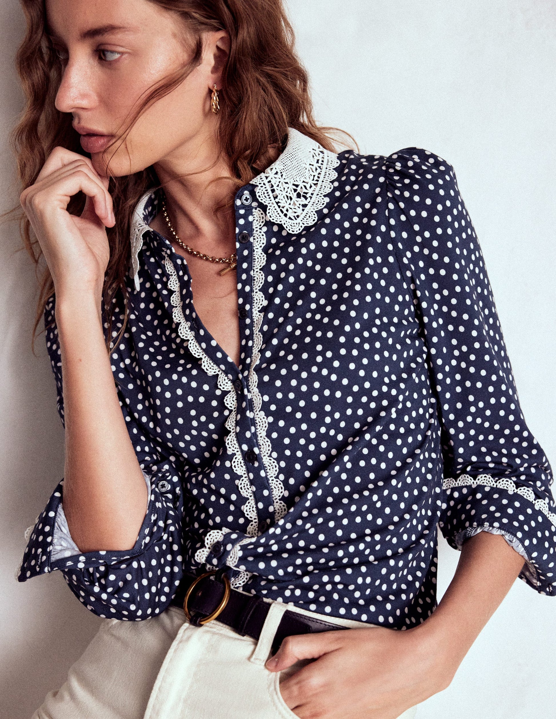 Lace Collar Blouse-Navy-1
