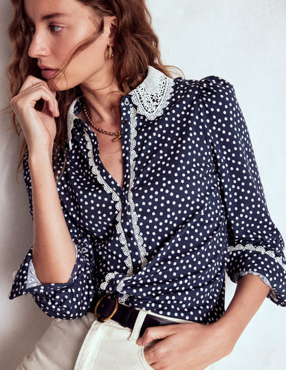 Lace Collar Blouse-Navy-1