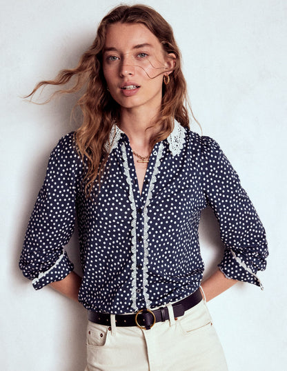 Lace Collar Blouse-Navy-2