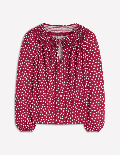 Georgia Smocked Jersey Top-Chestnut, Ivory Painted Dot-5