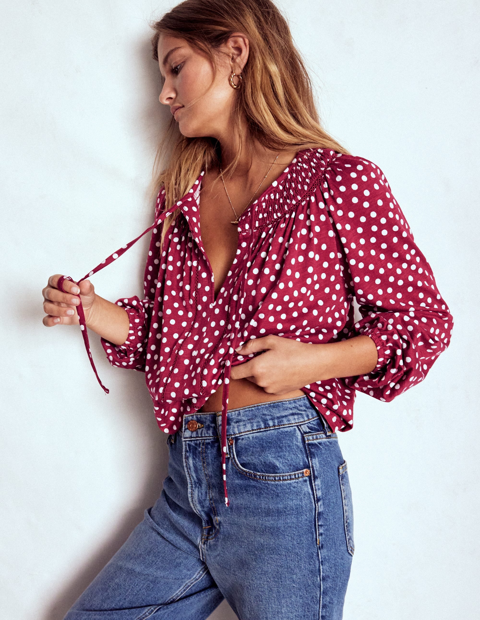 Georgia Smocked Jersey Top-Chestnut, Ivory Painted Dot - Image 1