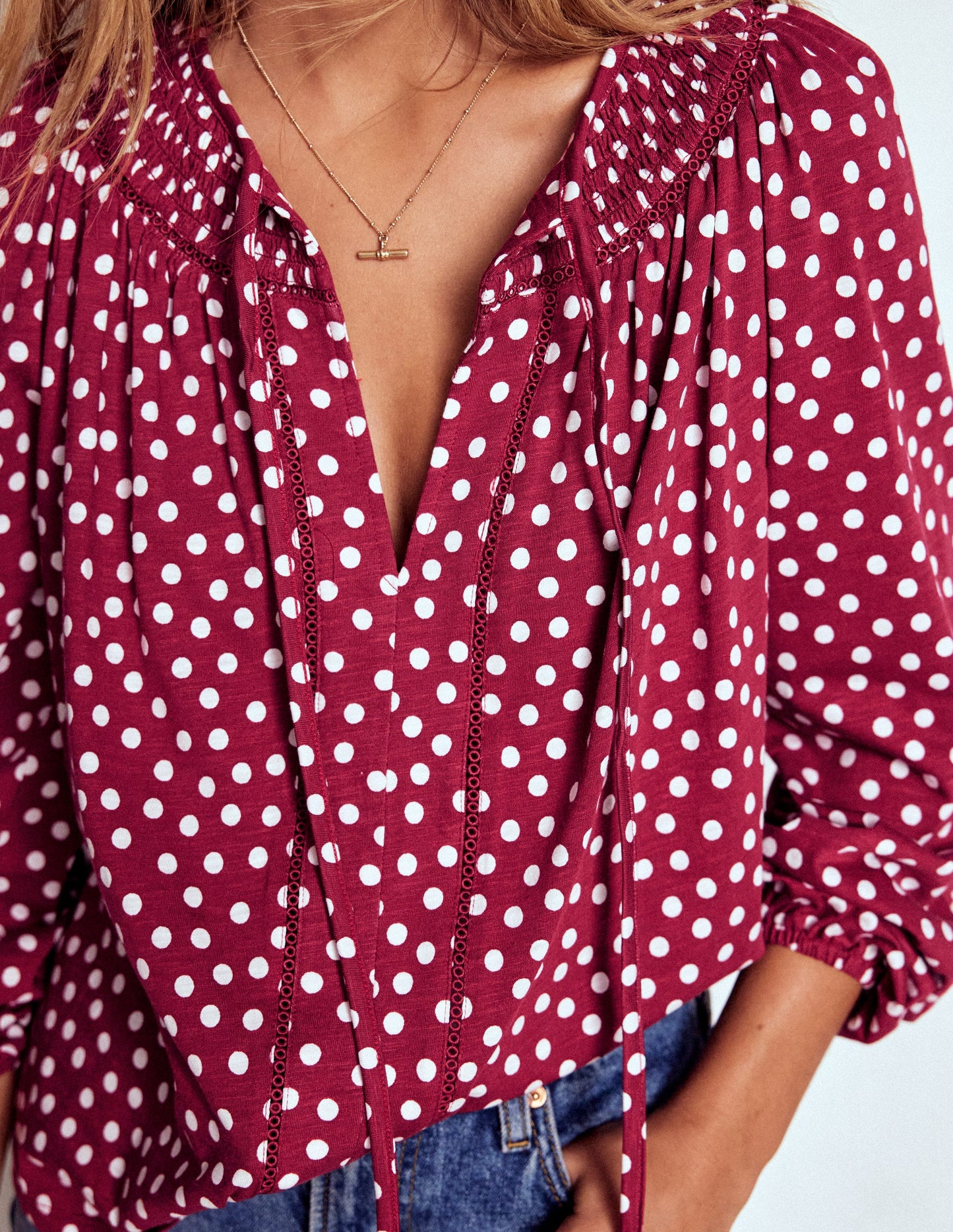 Georgia Smocked Jersey Top-Chestnut, Ivory Painted Dot