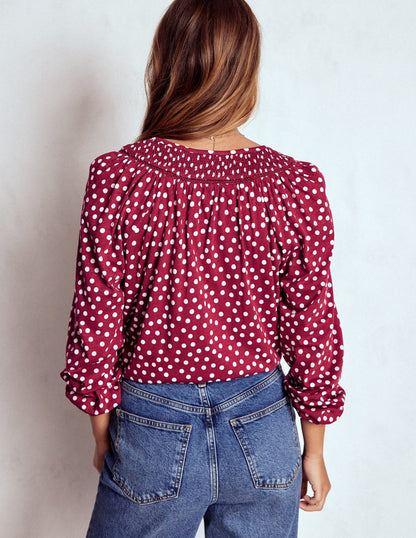 Georgia Smocked Jersey Top-Chestnut, Ivory Painted Dot-3