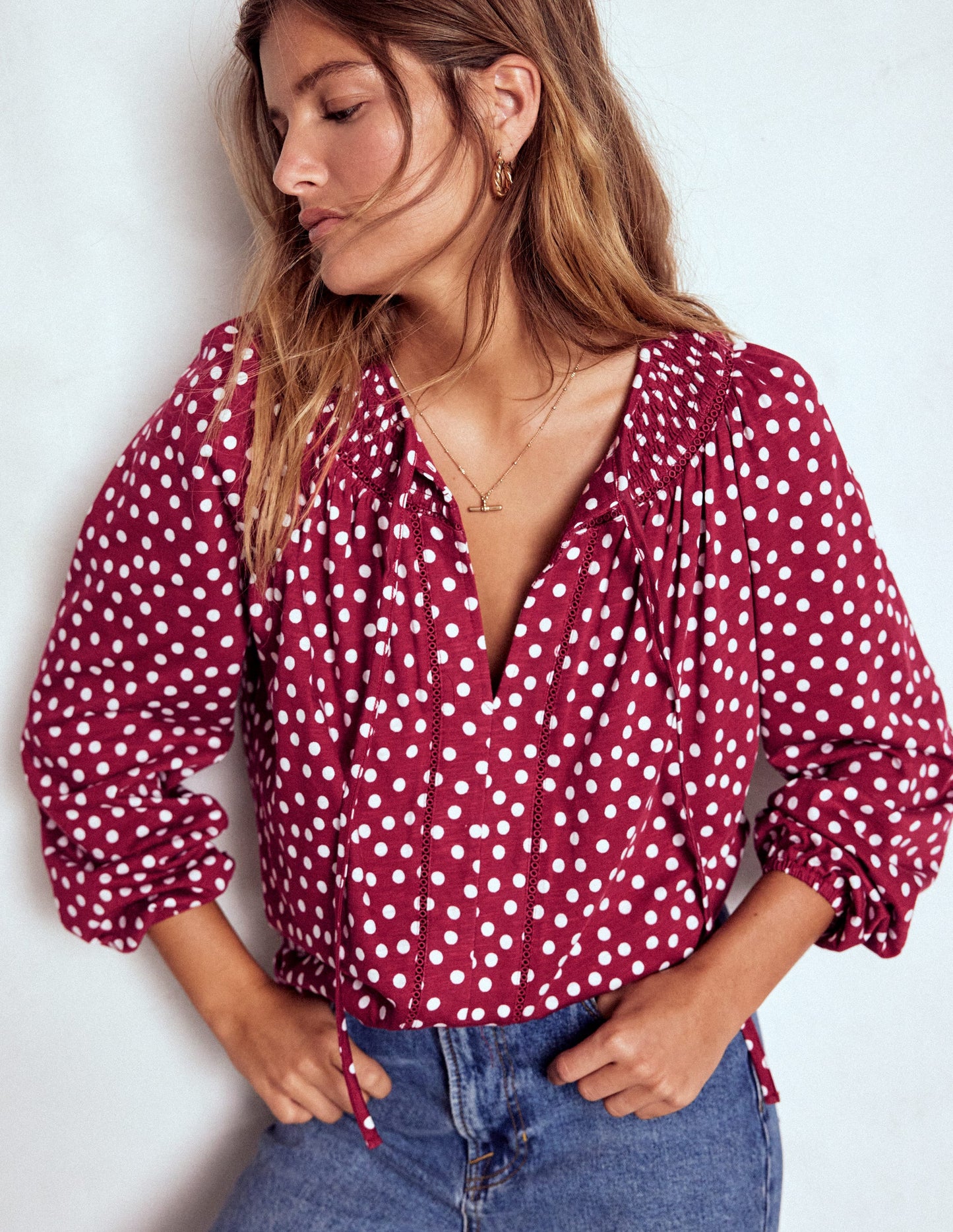 Georgia Smocked Jersey Top-Chestnut, Ivory Painted Dot