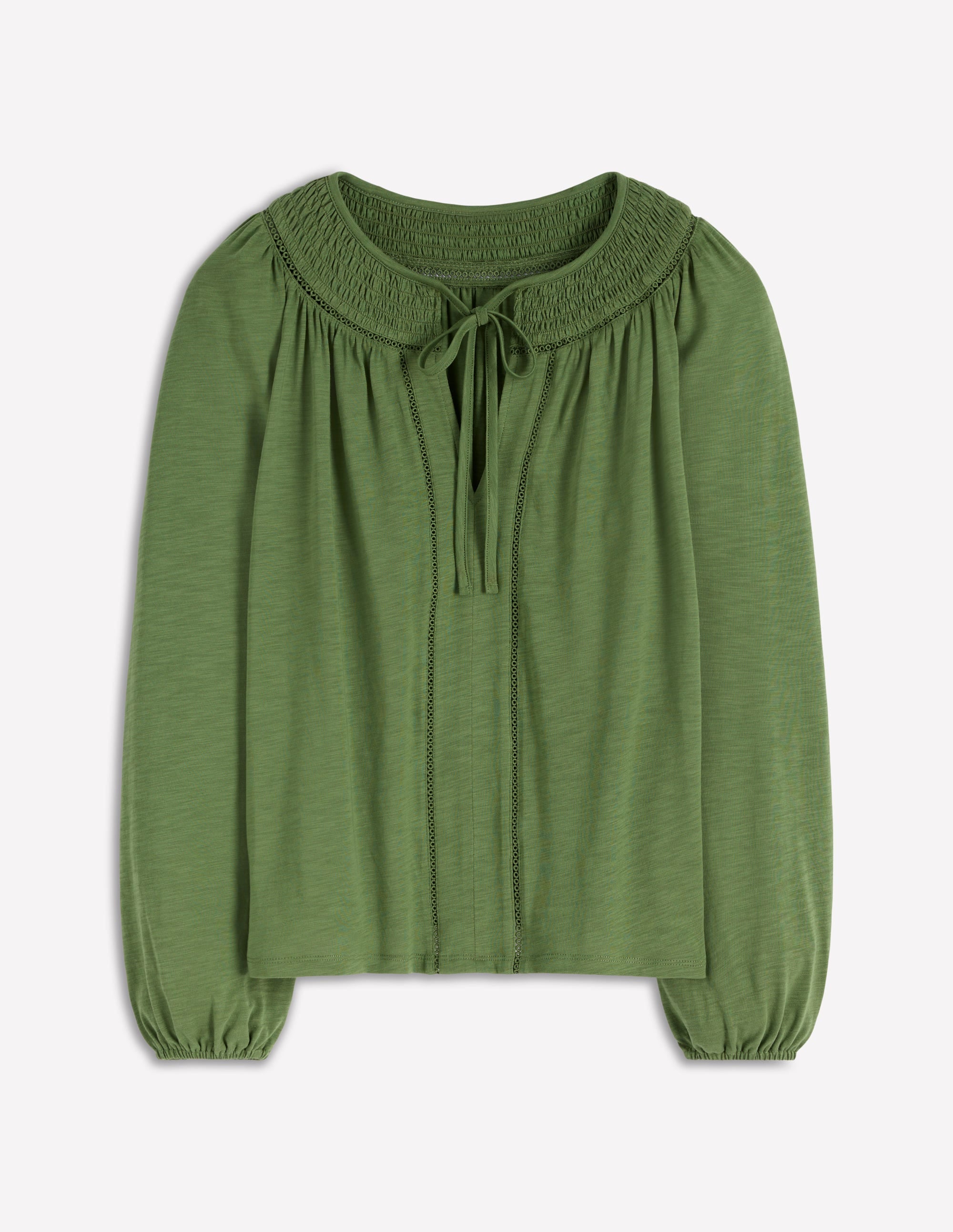 Georgia Smocked Jersey Top - Safari Green | Boden UK
