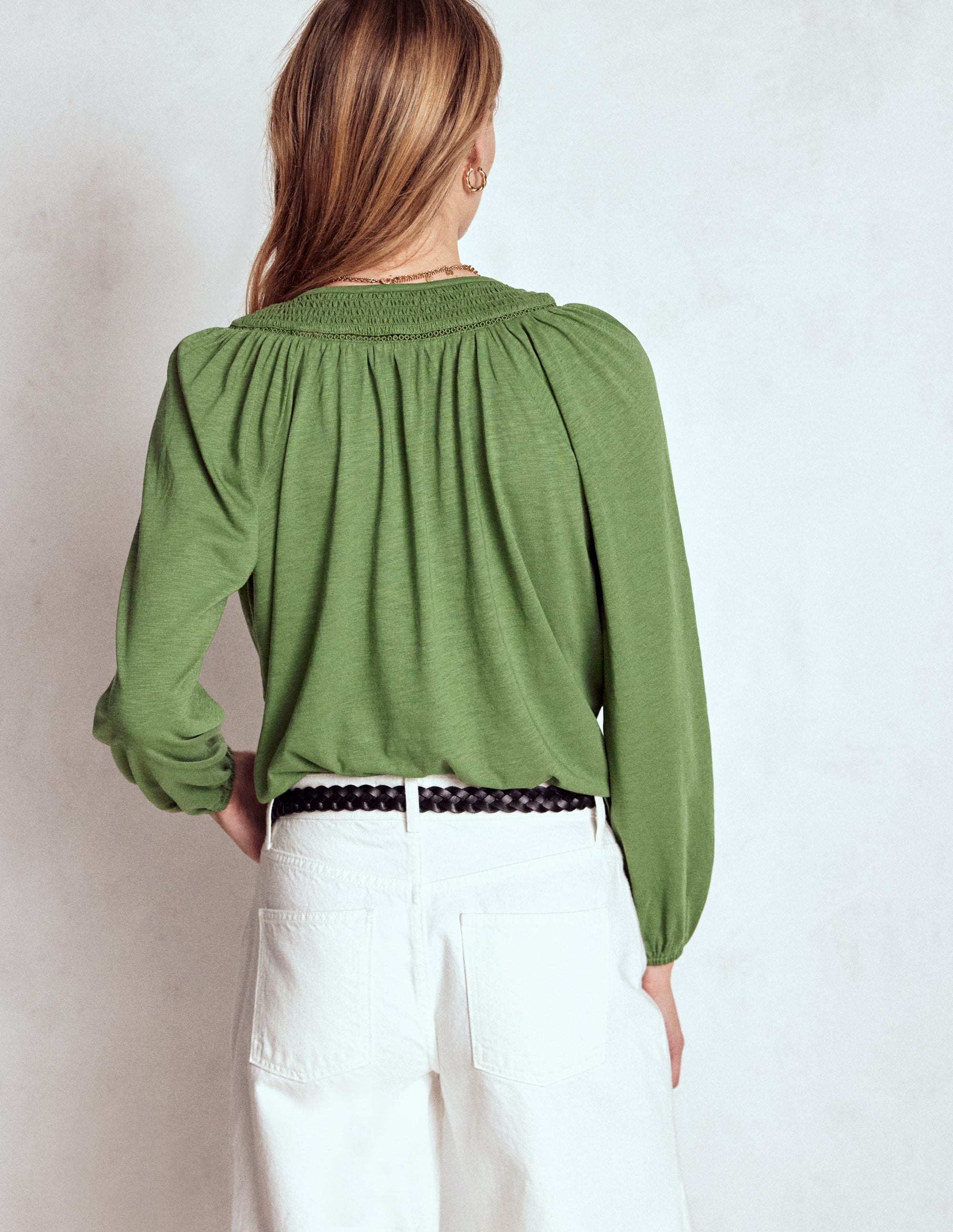 Georgia Smocked Jersey Top - Safari Green | Boden UK