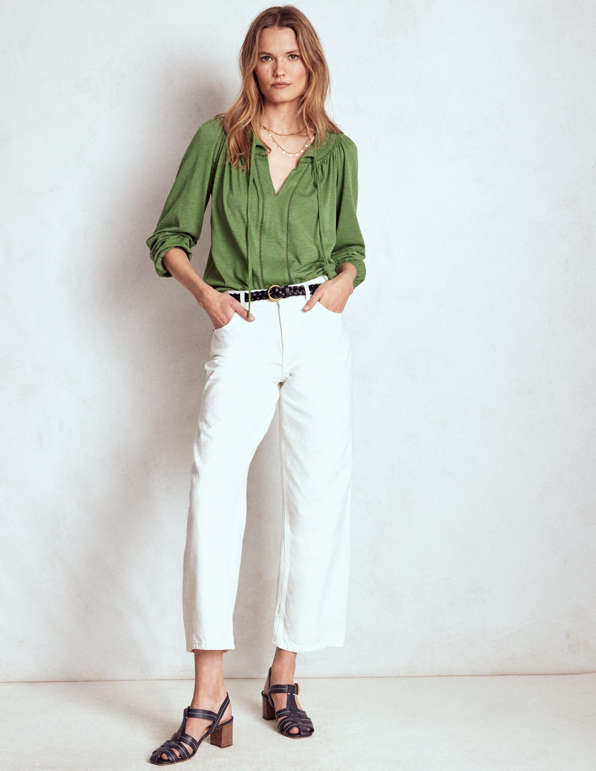Georgia Smocked Jersey Top - Safari Green | Boden UK