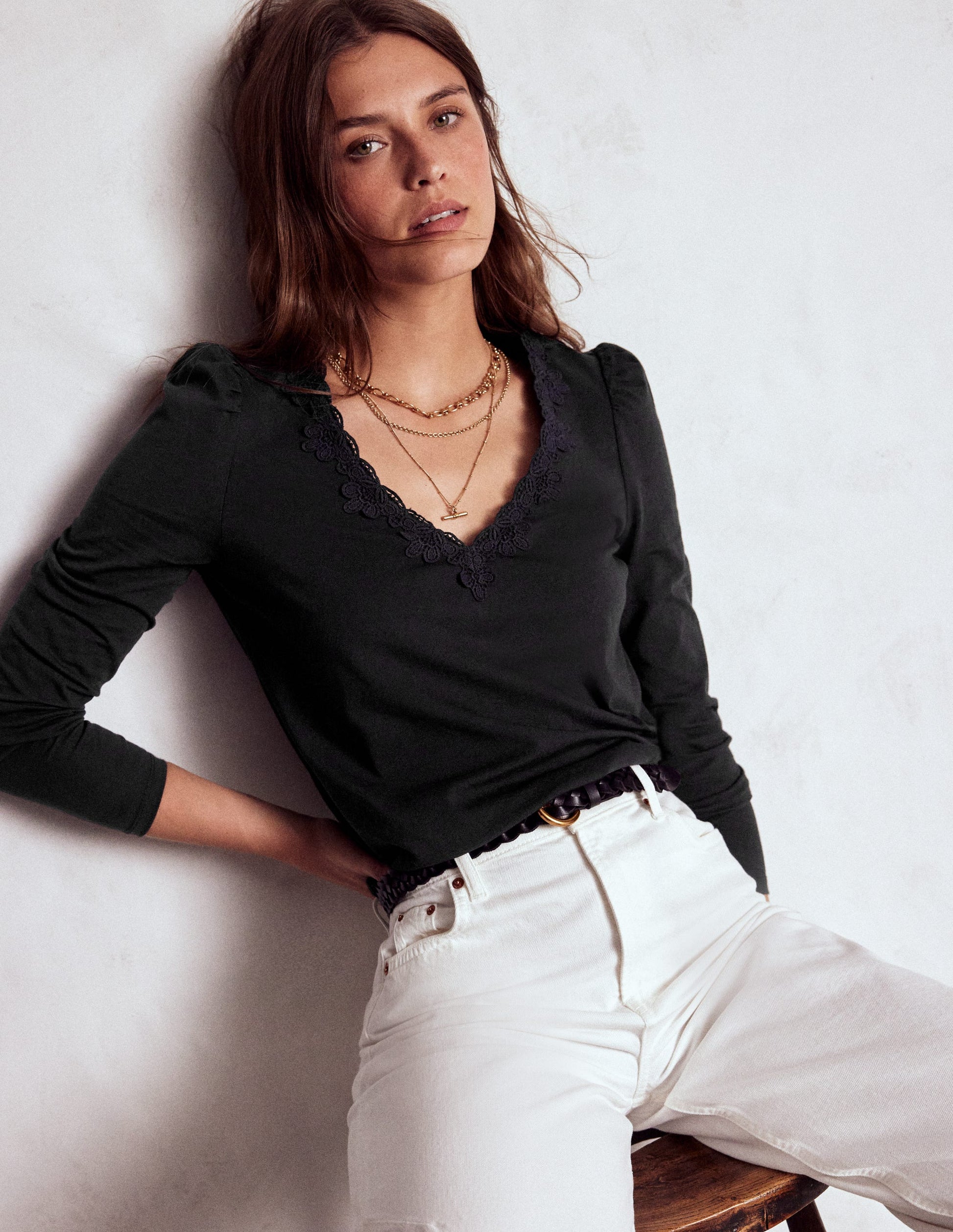 Flora Lace V-neck Top-Black Boden UK - Main Image