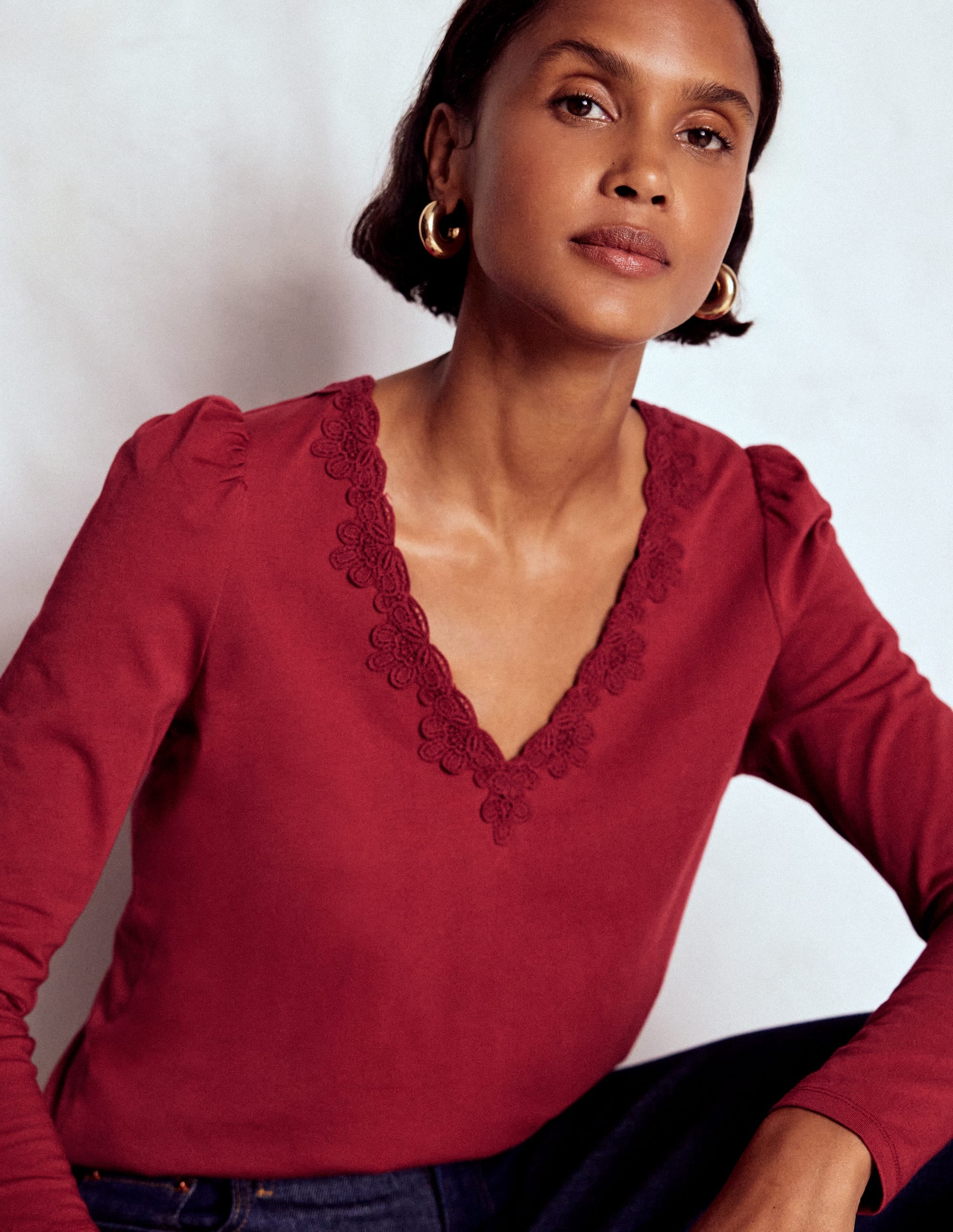Supersoft V- Neck Trim Top-Burgundy Red - Image 1