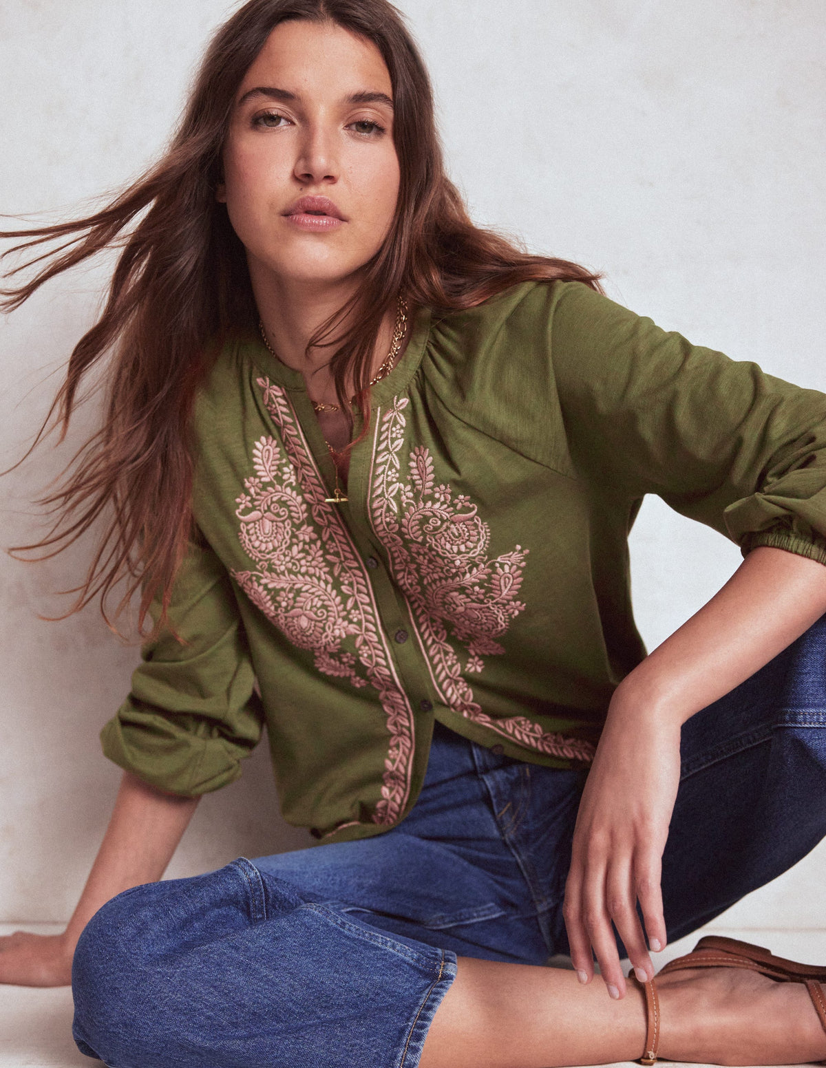 Alma Embroidered Shirt-Woodland Green - Image 1